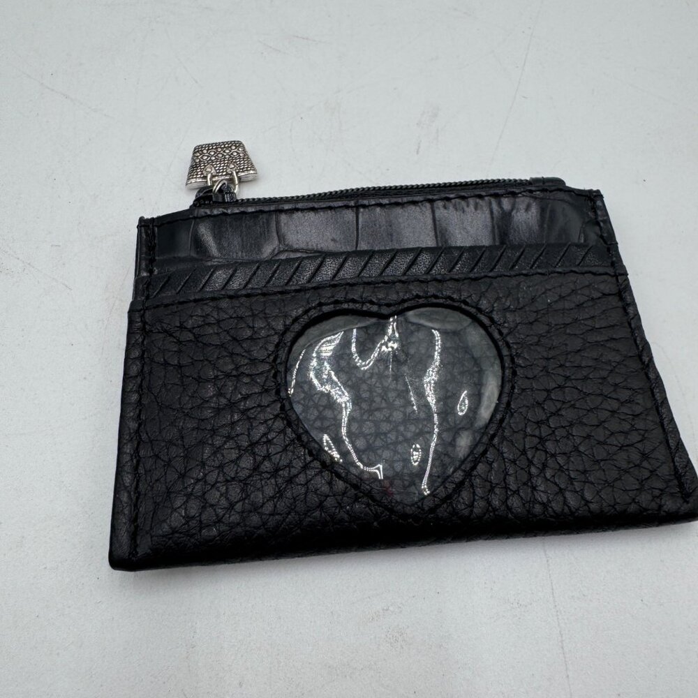 BRIGHTON Small ID Wallet Black Heart woman’s pebble leather floral basket zipper